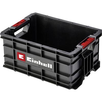 A black plastic box with a red handle and an 'Einhell' logo on the side. It is empty and suitable for storage.