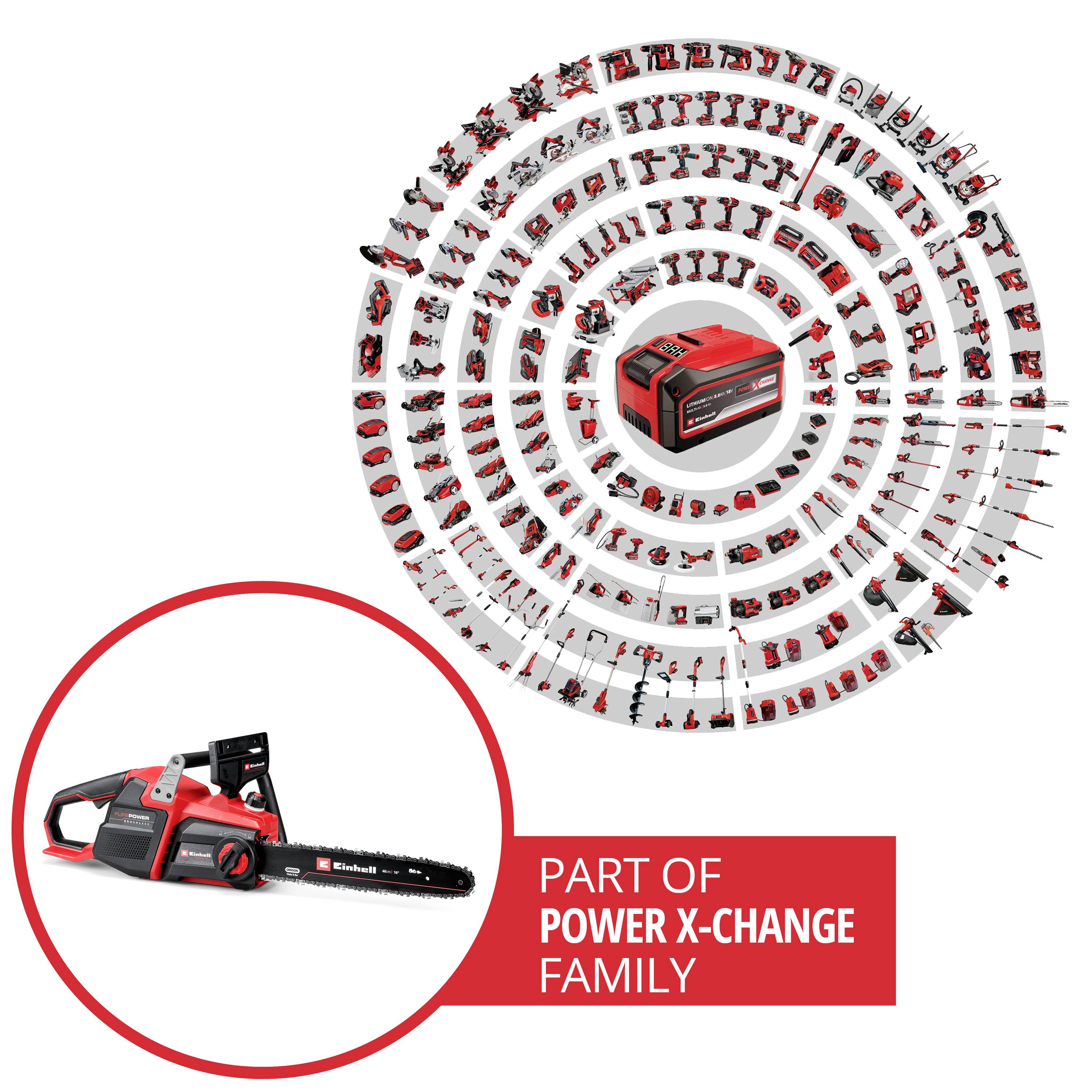 The image depicts the Einhell Power X-Change family, consisting of numerous tools arranged in a circular configuration around a battery. A chainsaw is featured in the foreground.