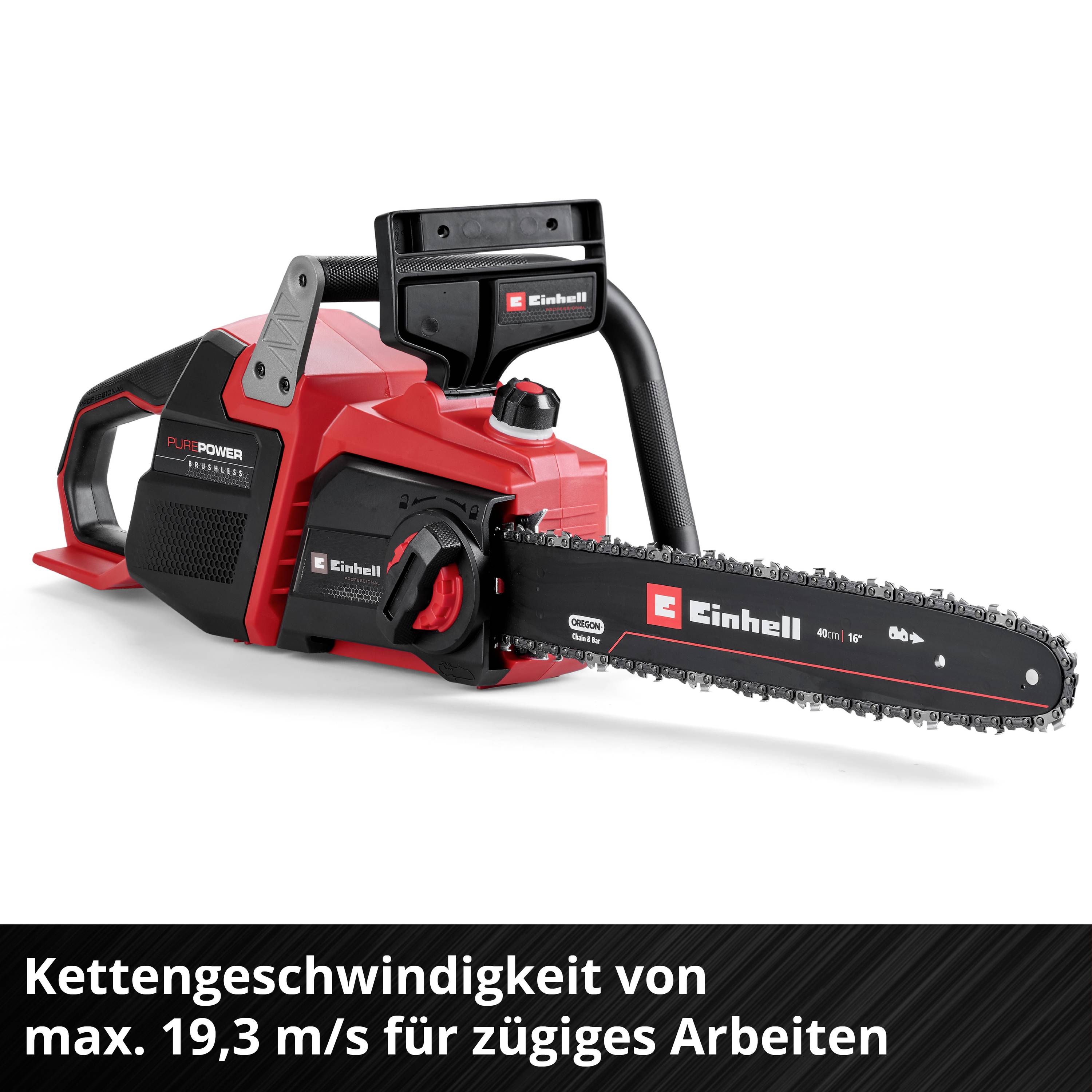 Battery-powered chainsaw in Red and Black with saw blade. Text: 'Chain speed of max. 19.3 m/s for swift working'.