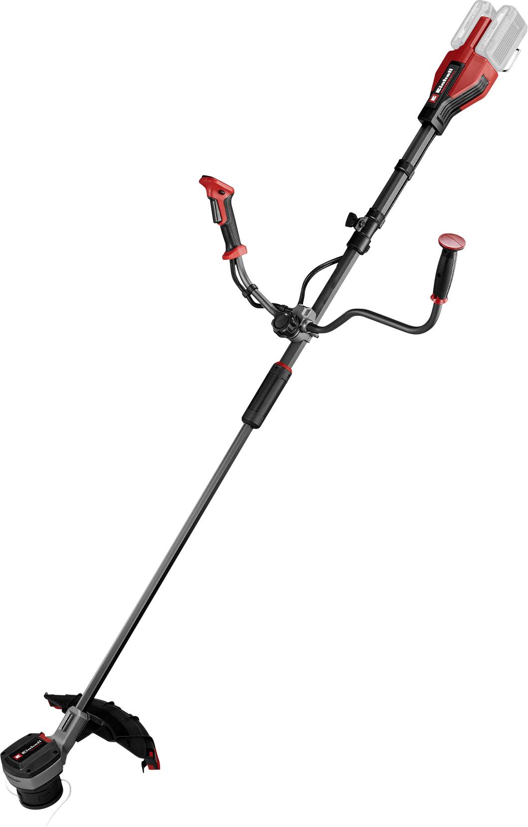 Cordless lawn trimmer with red and black design, ergonomic handle and interchangeable battery, suitable for garden work.