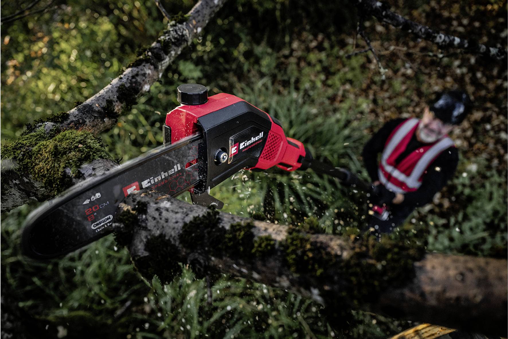 A person wearing a high-visibility safety vest and hard hat is using an Einhell chainsaw to cut branches from a tree.