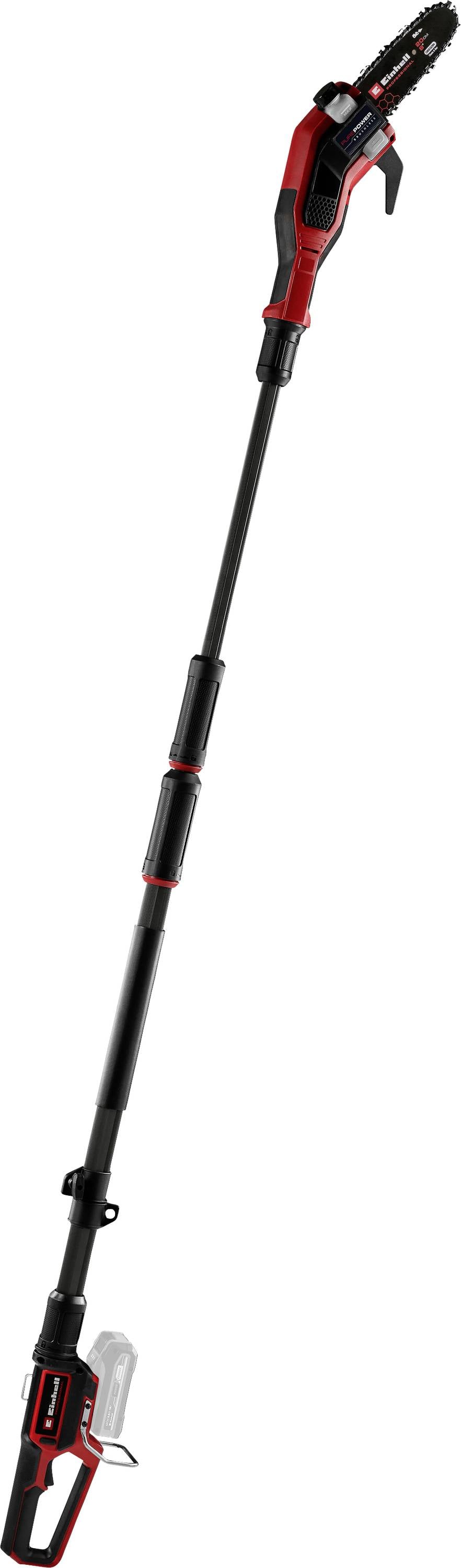 A red and black telescopic tool, likely a chainsaw, with a long handle for cutting branches at height.