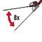 A battery-powered hedge trimmer with top-mounted drive, in a black and red design with a symbol indicating an eight-fold extension.
