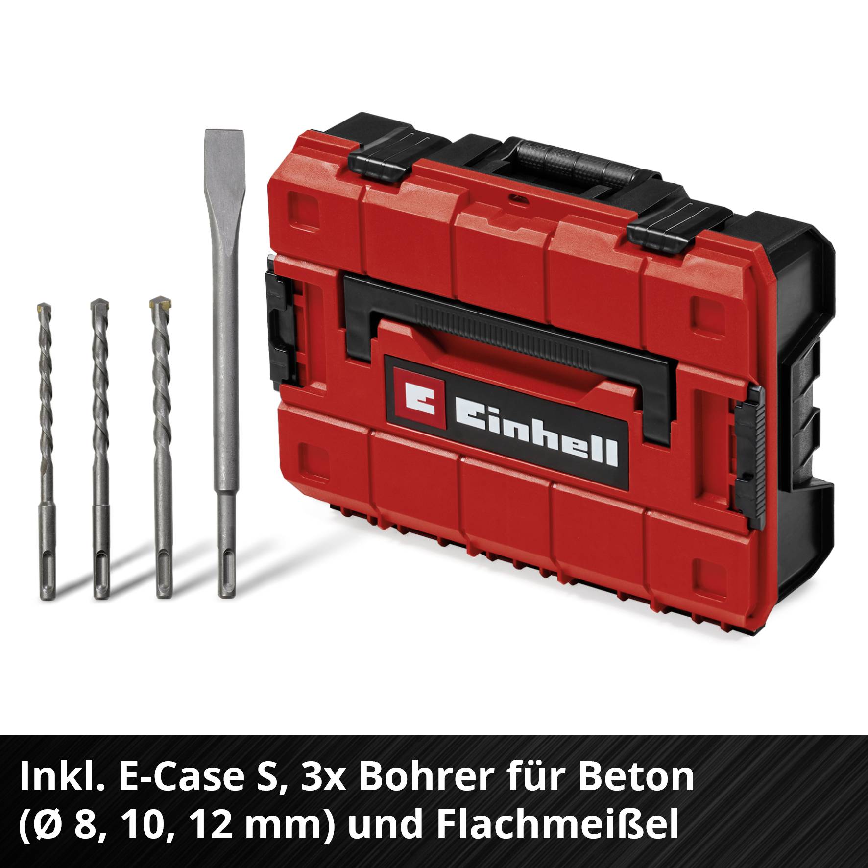 'Einhell' tool case with three concrete drill bits (Ø 8, 10, 12 mm) and flat chisel, all in a red E-Case S against a black background.