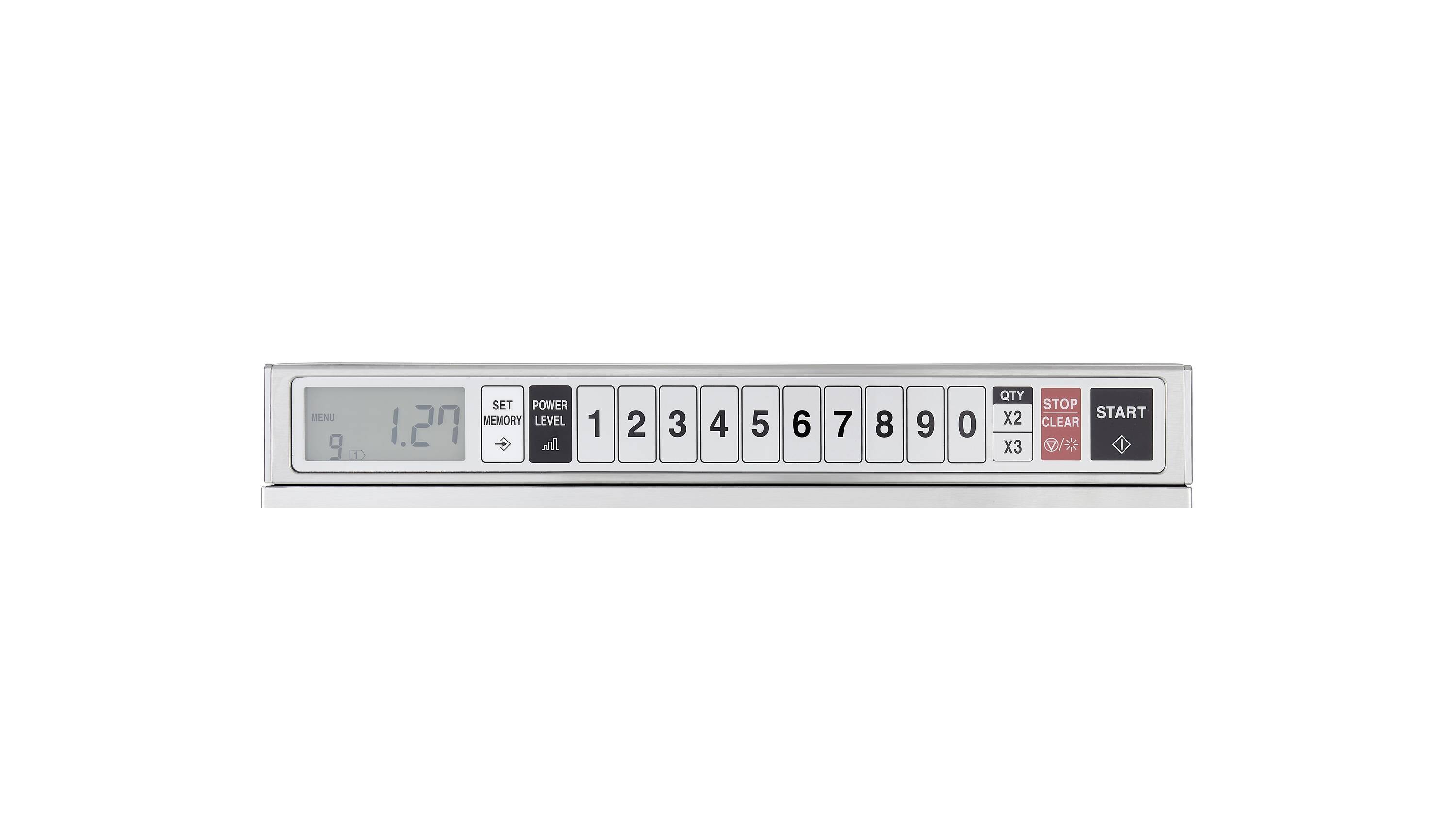 A digital measuring device with buttons from 1 to 9, a display showing '1.27', and start and stop buttons on the right-hand side.