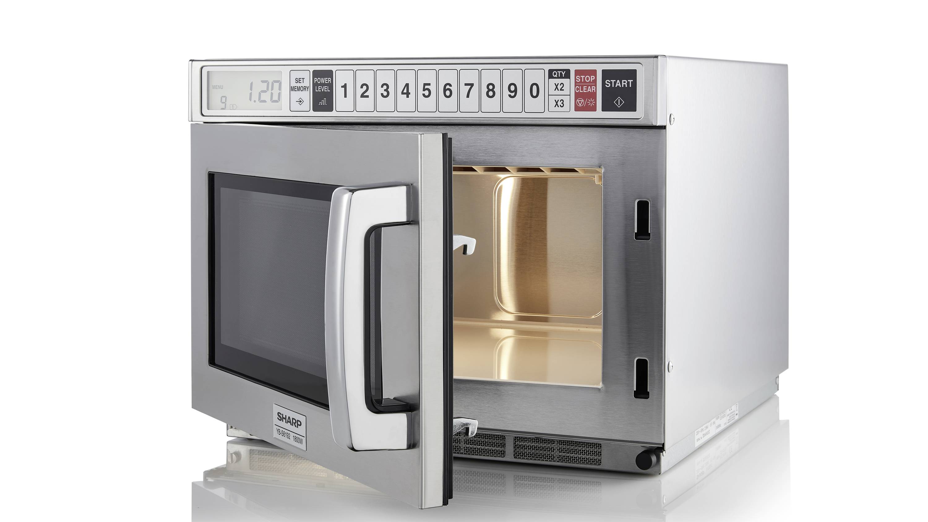 A silver microwave with an open door shows its interior. Numbered buttons and a start button are located at the top.