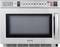 Microwave with digital display, keypad with numbers 1-0, start/stop buttons and power level indicator.