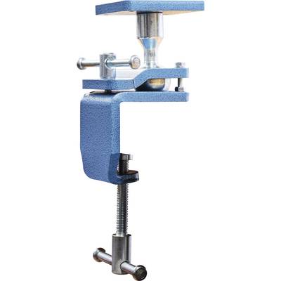 A blue vice with silver metal components, used for securely gripping materials on work surfaces.