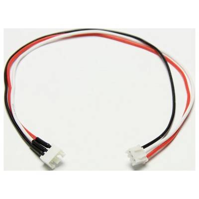 A three-core cable with white plugs at both ends. The cable cores are coloured black, red, and white.