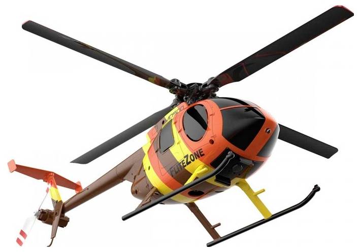 'A model helicopter in bright yellow, orange, and black colors with the label "Firezone" on the side, shown against a white background.'