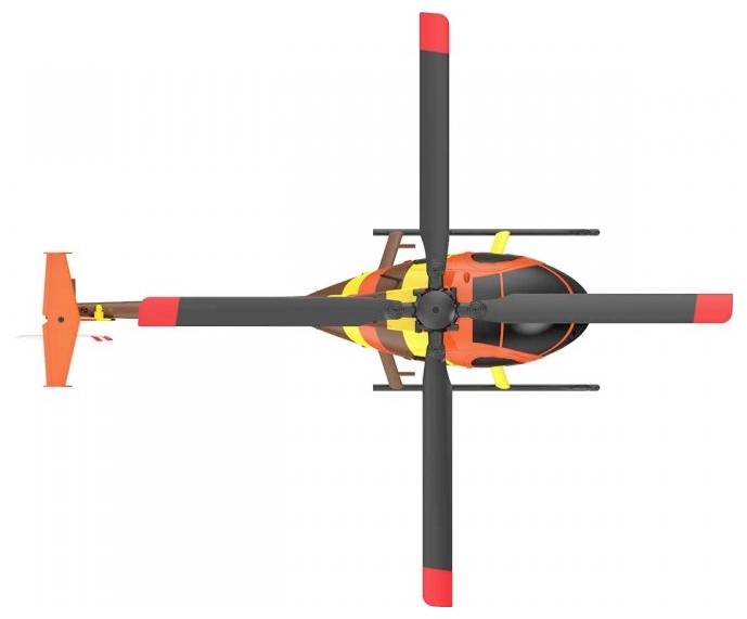 Top view of a yellow and red helicopter with a prominent rotor and tail, set against a white background.