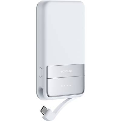 A white power bank with the inscription 'ECOFLOW'. It features an integrated USB-C cable and LED battery status indicators.