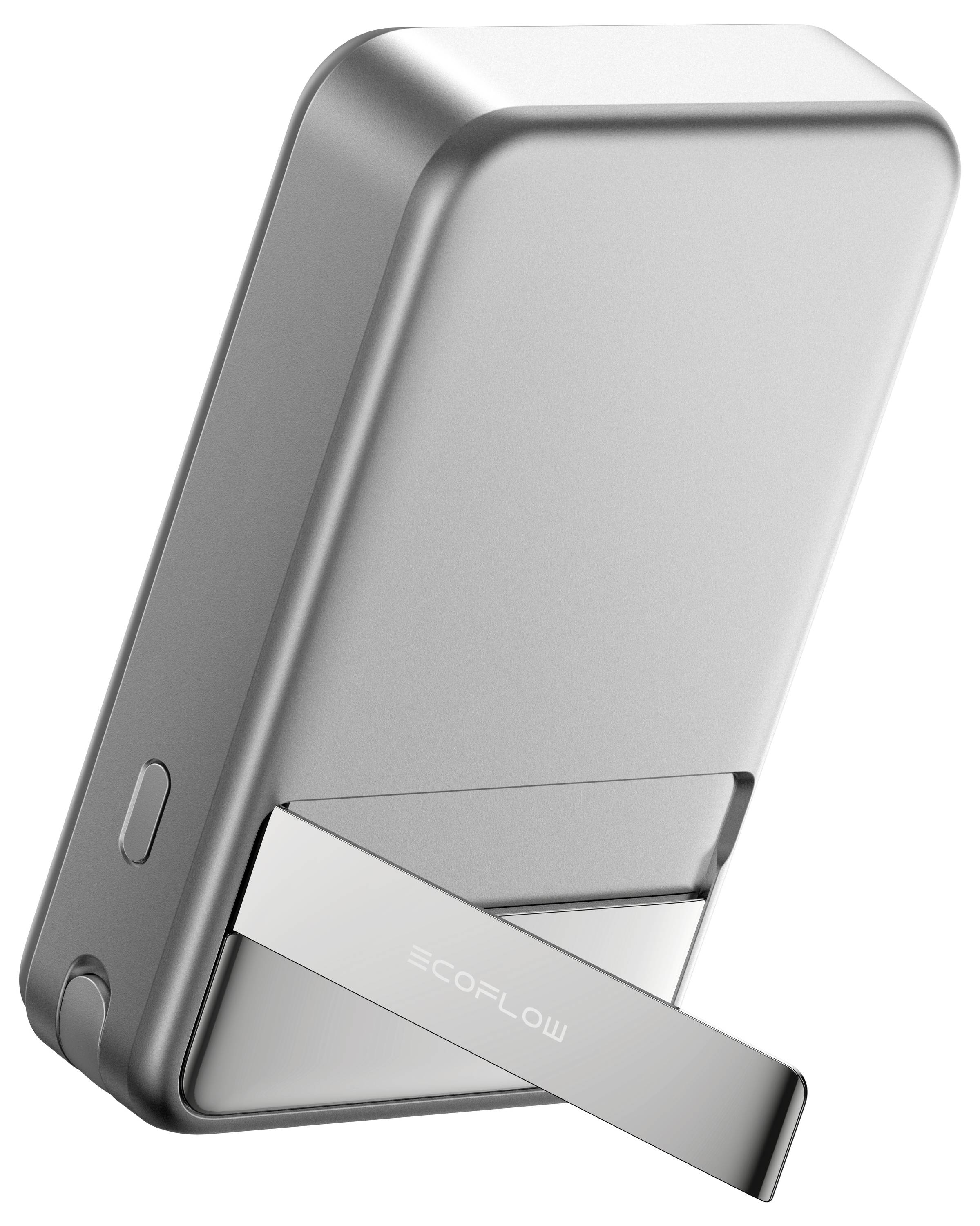 Grey, rectangular portable charger with a stand, 'EcoFlow' brand name visible on the stand.