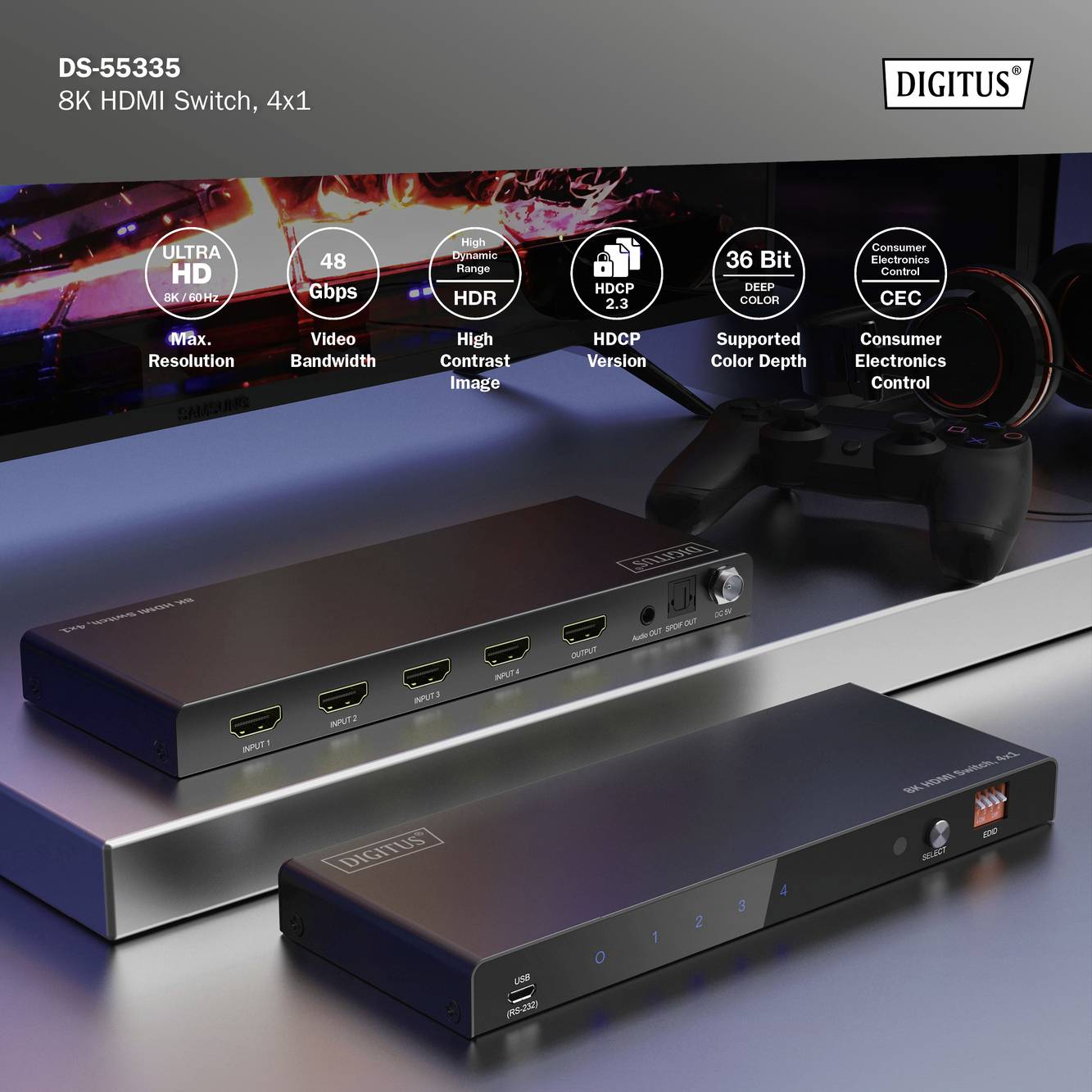Digitus DS-55335 HDMI switch LED display, Steel casing, + remote control, Ultra HD compatibility 7680 x 4320 p-7
