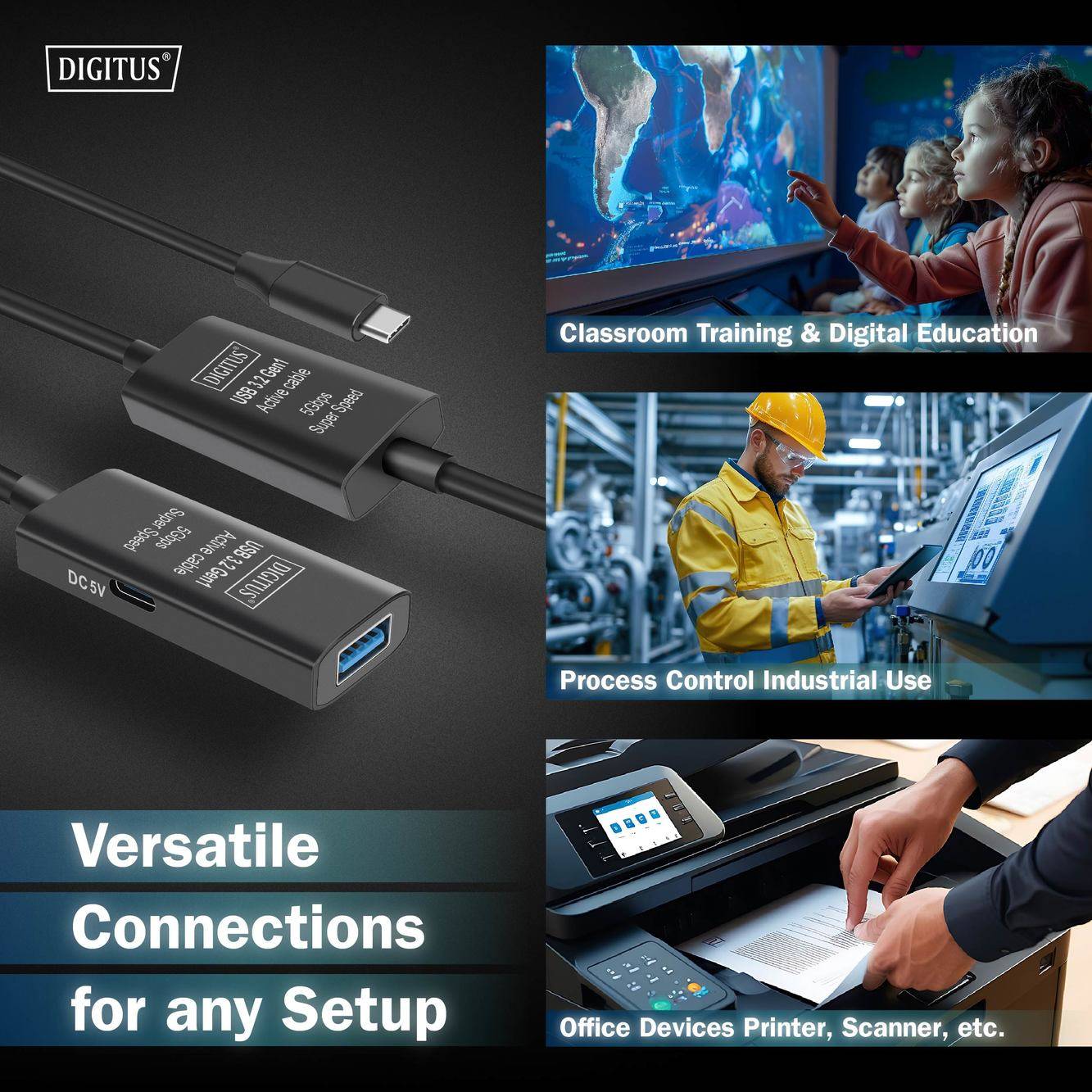 Digitus USB cable USB 3.2 1st Gen, USB 3.2 1st Gen, USB 3.0 USB-C®, USB-C® plug, USB-A socket 10.00 m Black Battery / si-6