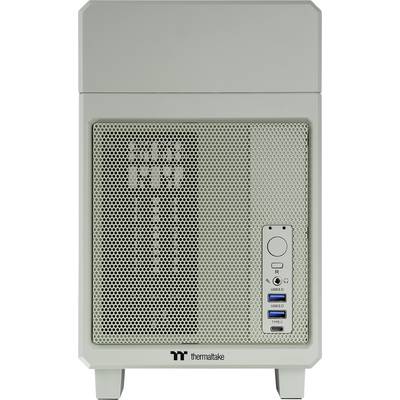 A white computer case with a mesh front and ports, including USB ports and audio sockets. Brand name visible at the bottom.