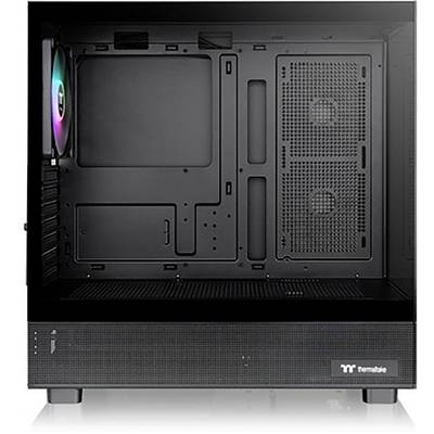 Black computer case with open interior, RGB fan at the rear, multiple ventilation grilles for air circulation.