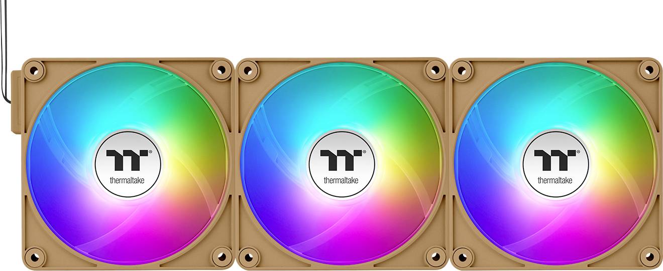Three illuminated RGB fans in a brown case, installed in parallel. They display a rainbow-coloured pattern and the 'Thermaltake' logo.