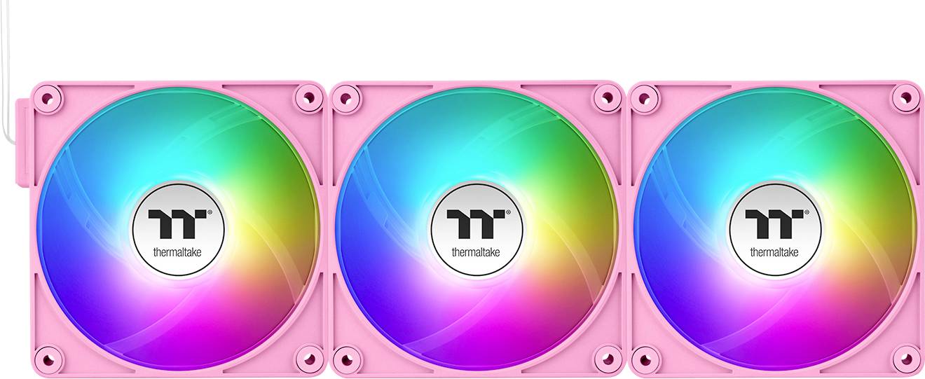 Three pink computer fans with rainbow LED lighting arranged in a row. Each fan has the 'thermaltake' logo in the centre.