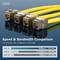 Four yellow Ethernet cable plugs side by side, title 'Speed and Bandwidth Comparison'. Comparison of transmission rates for CAT 5e and CAT 6a.