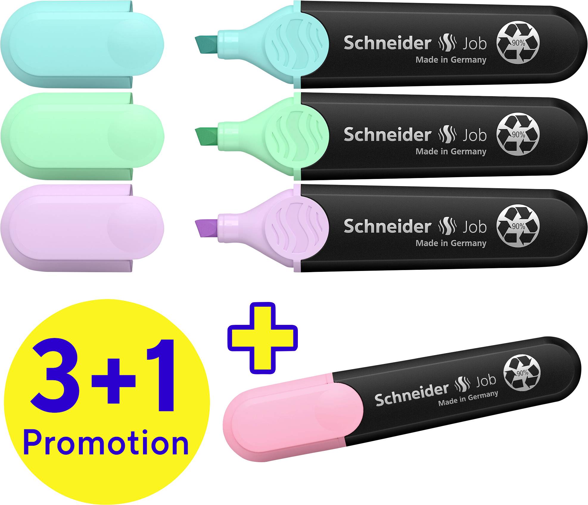 Three highlighters in Green, Blue, Purple with caps on the right. Below: '3+1 Promotion', a fourth one in Pink with cap added on the left.