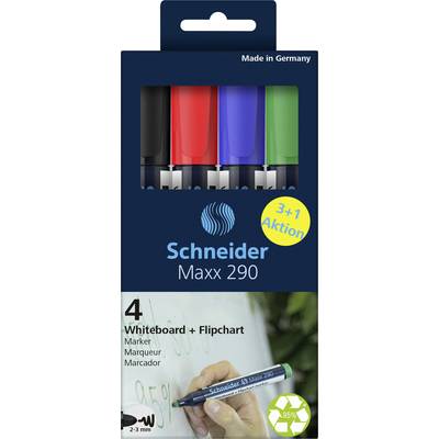 Four Schneider Maxx 290 whiteboard and flipchart markers in Black, Red, Blue and Green, packaged.