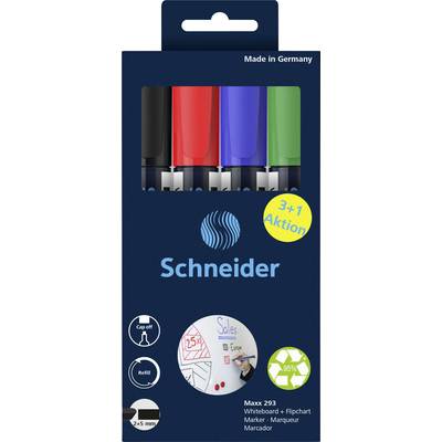 A pack of Schneider whiteboard markers in Black, Red, Blue and Green with the label '3+1 Offer'.