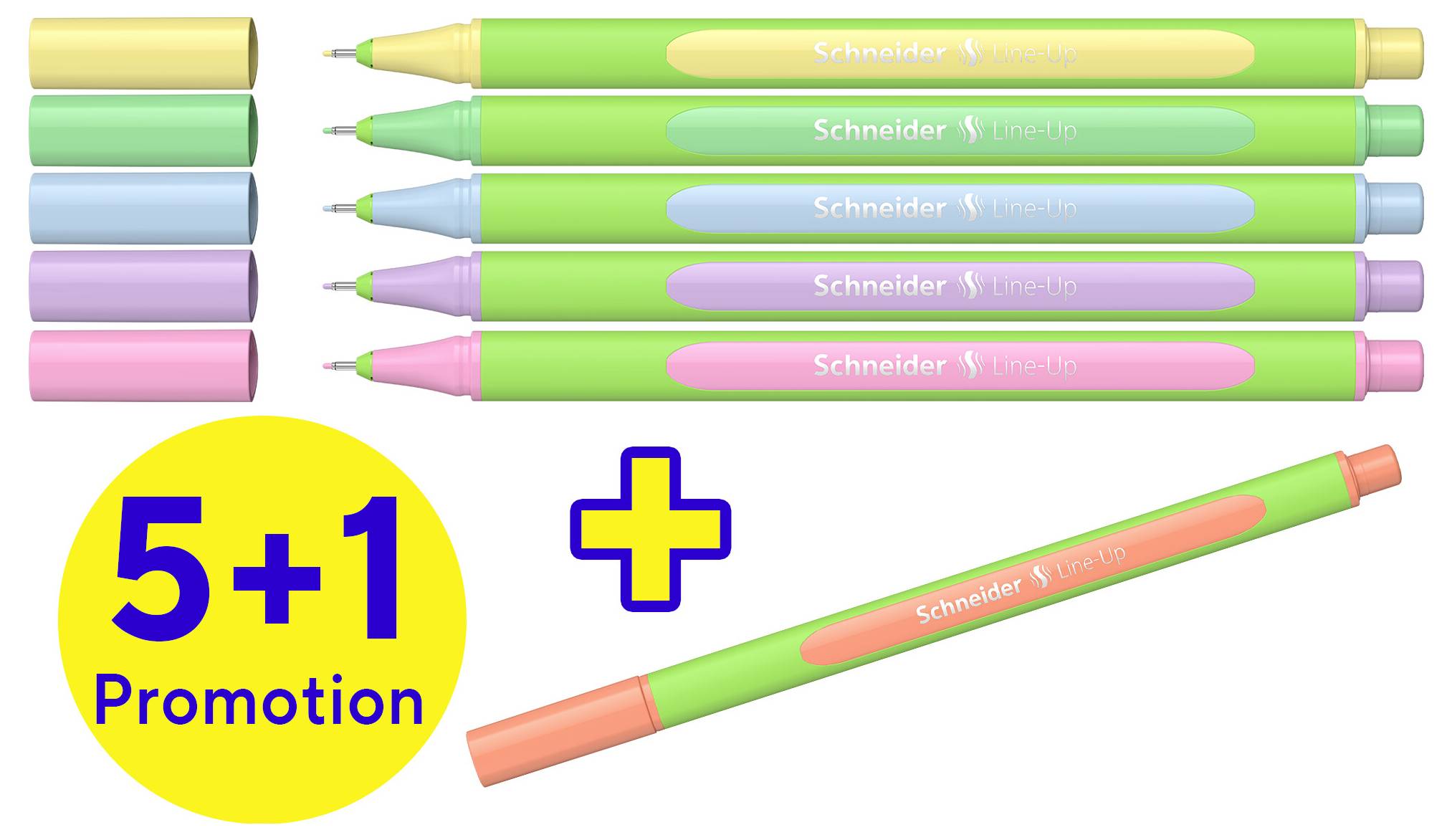 Six highlighter pens in different colours. Text: 'Schneider Line-Up'. Offer: '5+1 Promotion'.