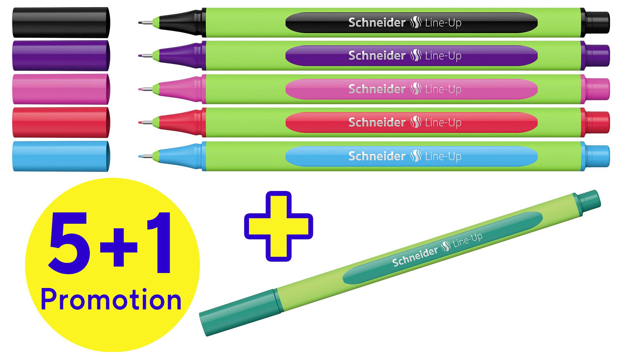 Six colourful pens with a '5+1 Promotion' offer. Five pens on top, an additional pen below. Text on the pens: 'Schneider Line-Up'.