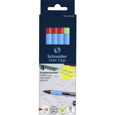 Packaging for Schneider Slider Edge Ballpoint Pen Teacher Correction Set, contains four pens in Red, Blue, Green.