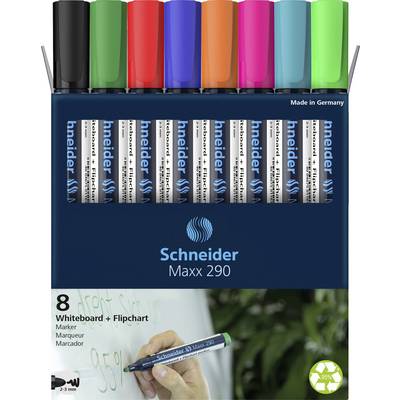 Black, red, blue, green, orange, purple, pink and turquoise Whiteboard Markers Schneider Maxx 290, 'Made in Germany'.