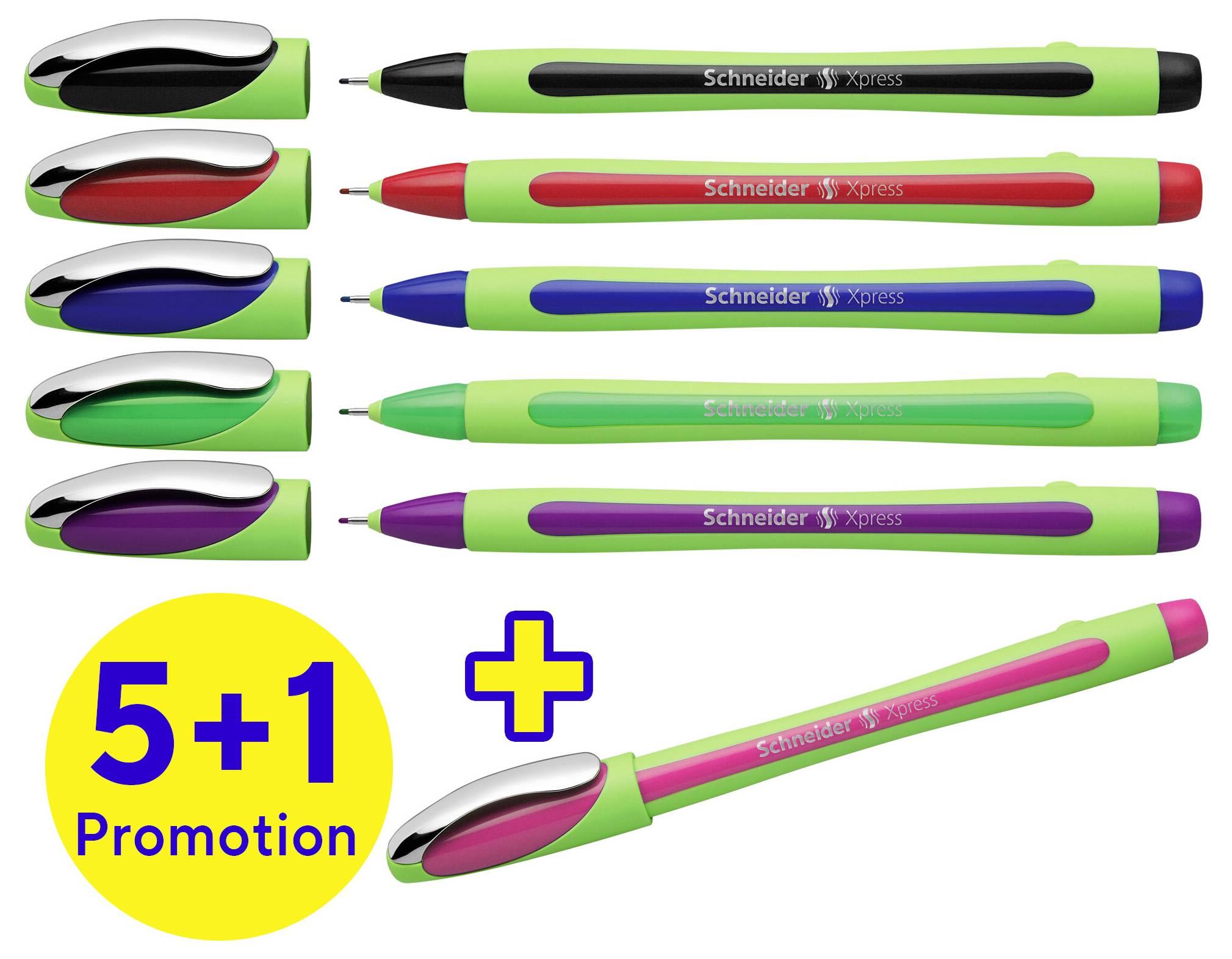 'Schneider Xpress' pens in various colours. Text '5+1 Promotion' shows marketing offer.
