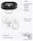 Front view of a security camera with labeled parts: lens, day/night sensor, two spotlights, microphone, PIR sensor. Side view shows USB port, speaker. Bottom view shows reset button and microSD card slot.