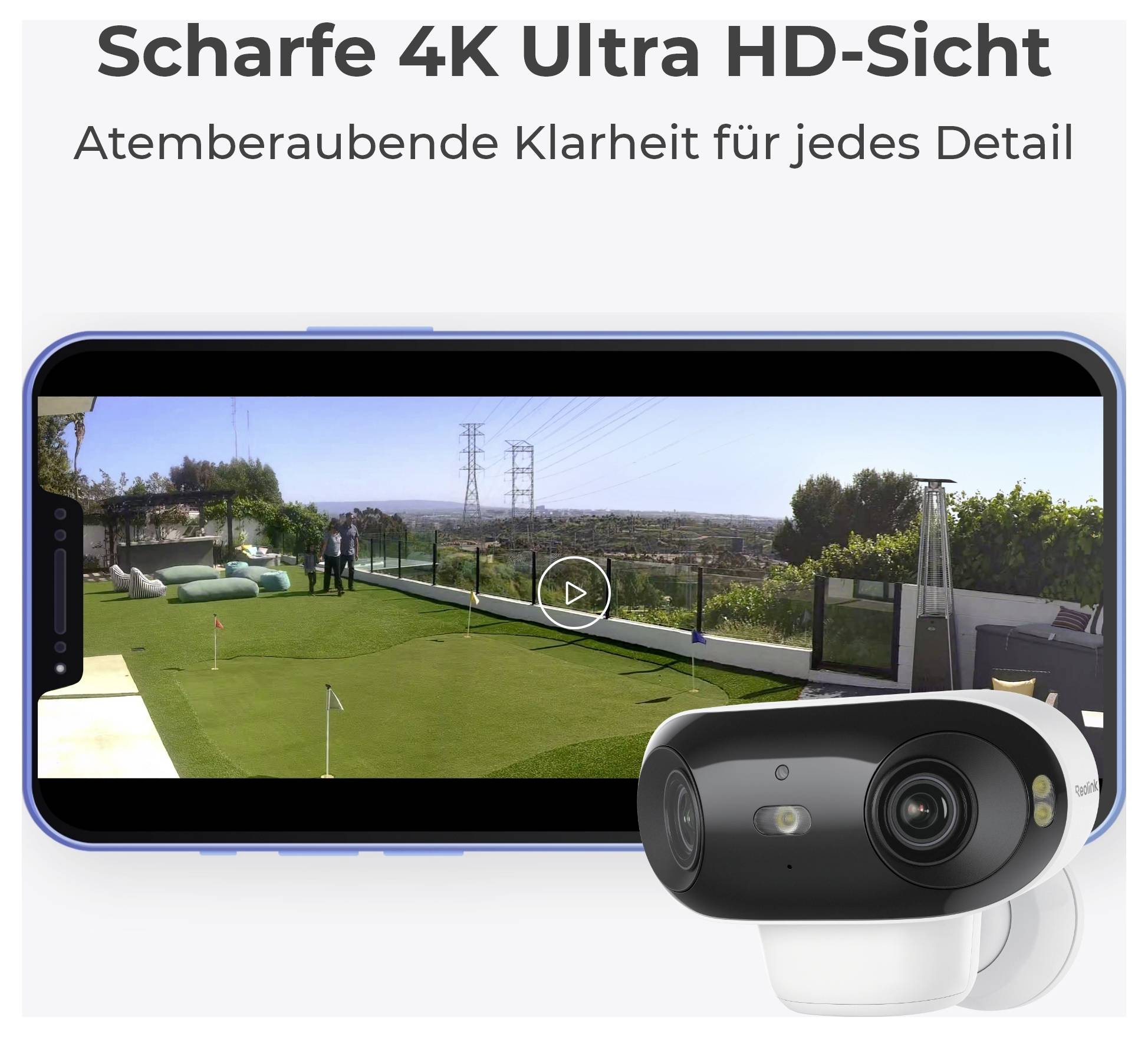 A smartphone displays a golf course video, highlighting the 'Scharfe 4K Ultra HD-Sicht' feature. A camera is shown in the foreground.