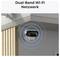A security camera mounted on a corner under a roof, emitting blue Wi-Fi signals, with the text 'Dual-Band Wi-Fi Netzwerk' above.