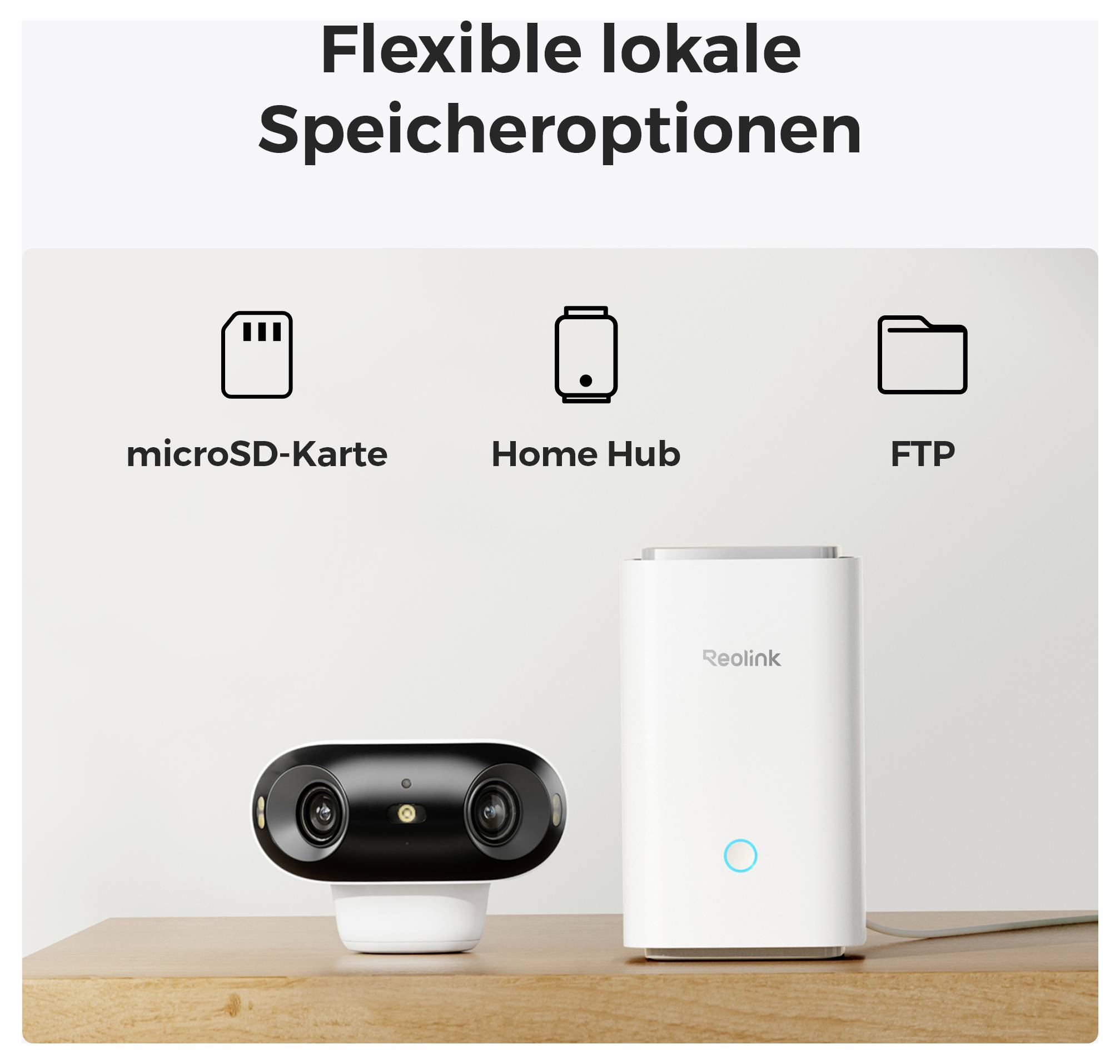 Security camera system with flexible local storage options: microSD card, Home Hub, and FTP, displayed with camera and hub.