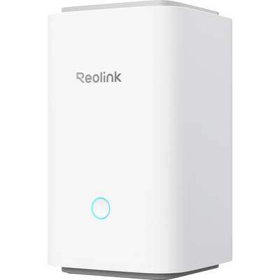 A white Reolink security device with a glowing blue power indicator on its front, designed for home surveillance systems.
