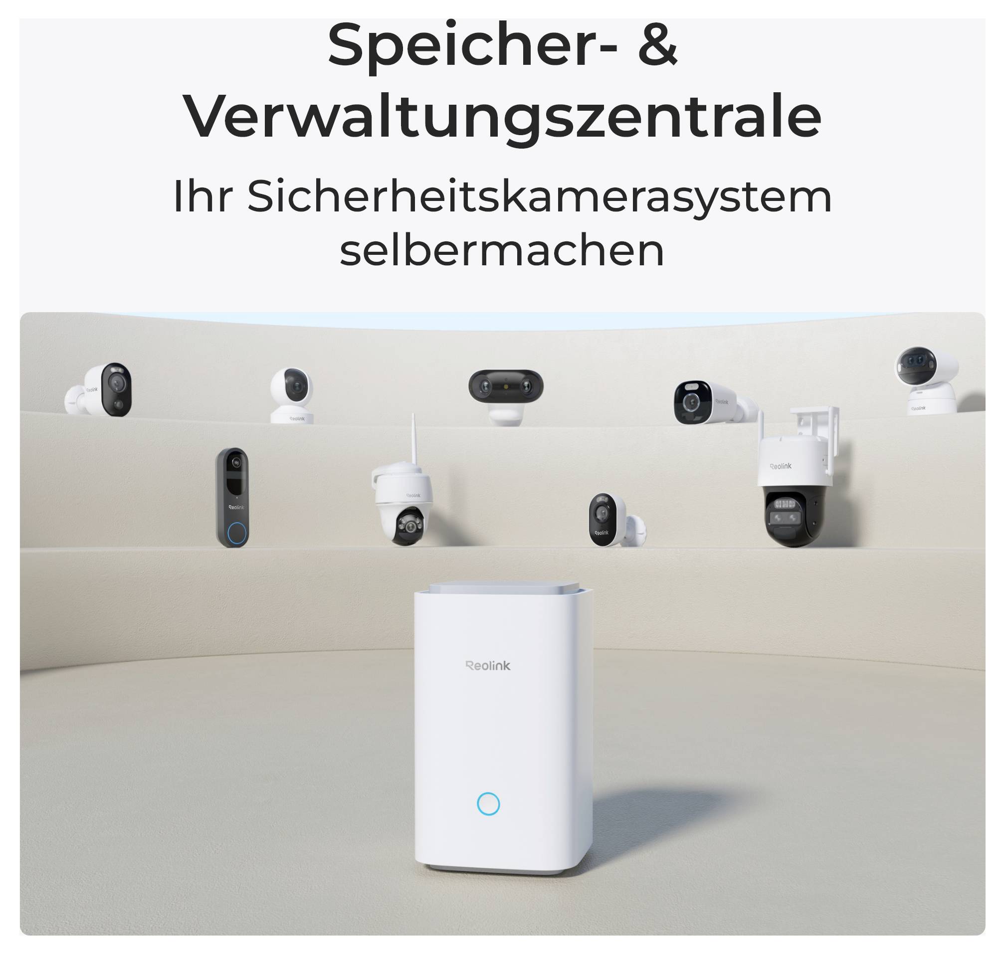 A central security system device is displayed with eight different security cameras surrounding it. Text reads 'Speicher- & Verwaltungszentrale Ihr Sicherheitskamerasystem selbermachen'.