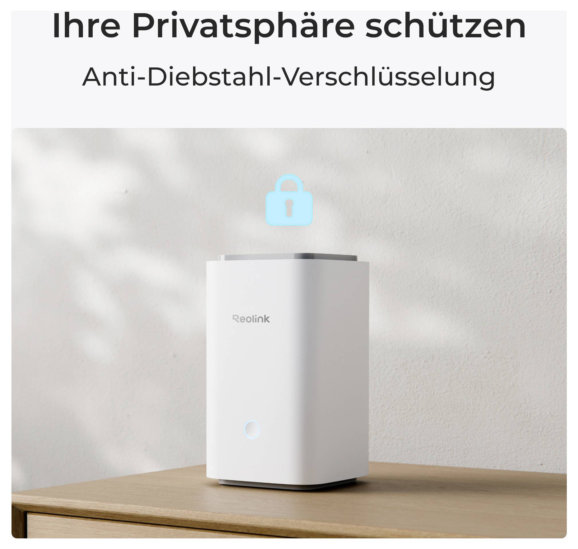 A white Reolink security device on a wooden table with a lock symbol above it. Text in German translates to 'Protect your privacy. Anti-theft encryption.'