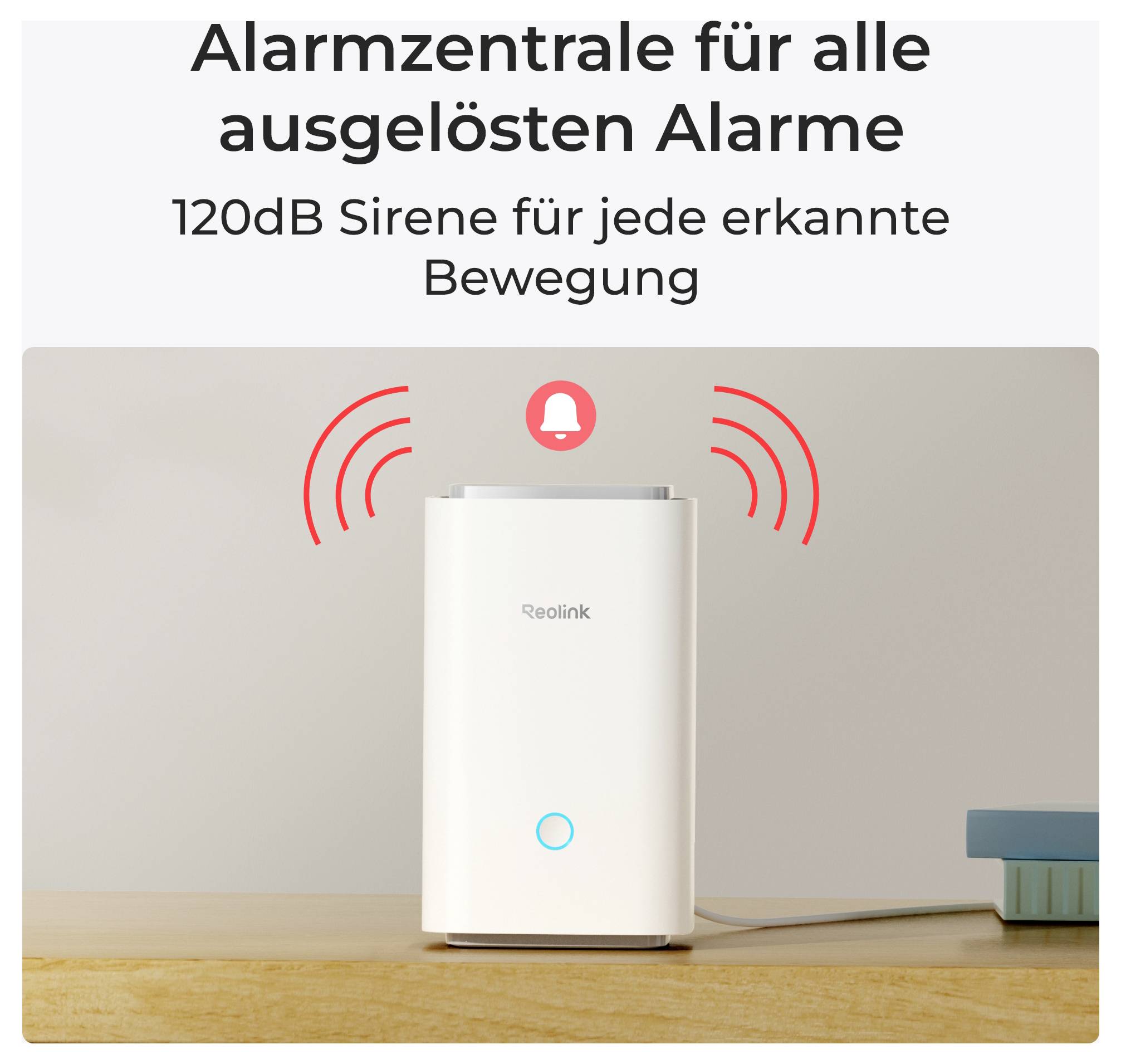 A white Reolink alarm device on a wooden surface emits red sound waves. Text above reads 'Alarmzentrale für alle ausgelösten Alarme' and '120dB Sirene für jede erkannte Bewegung'.