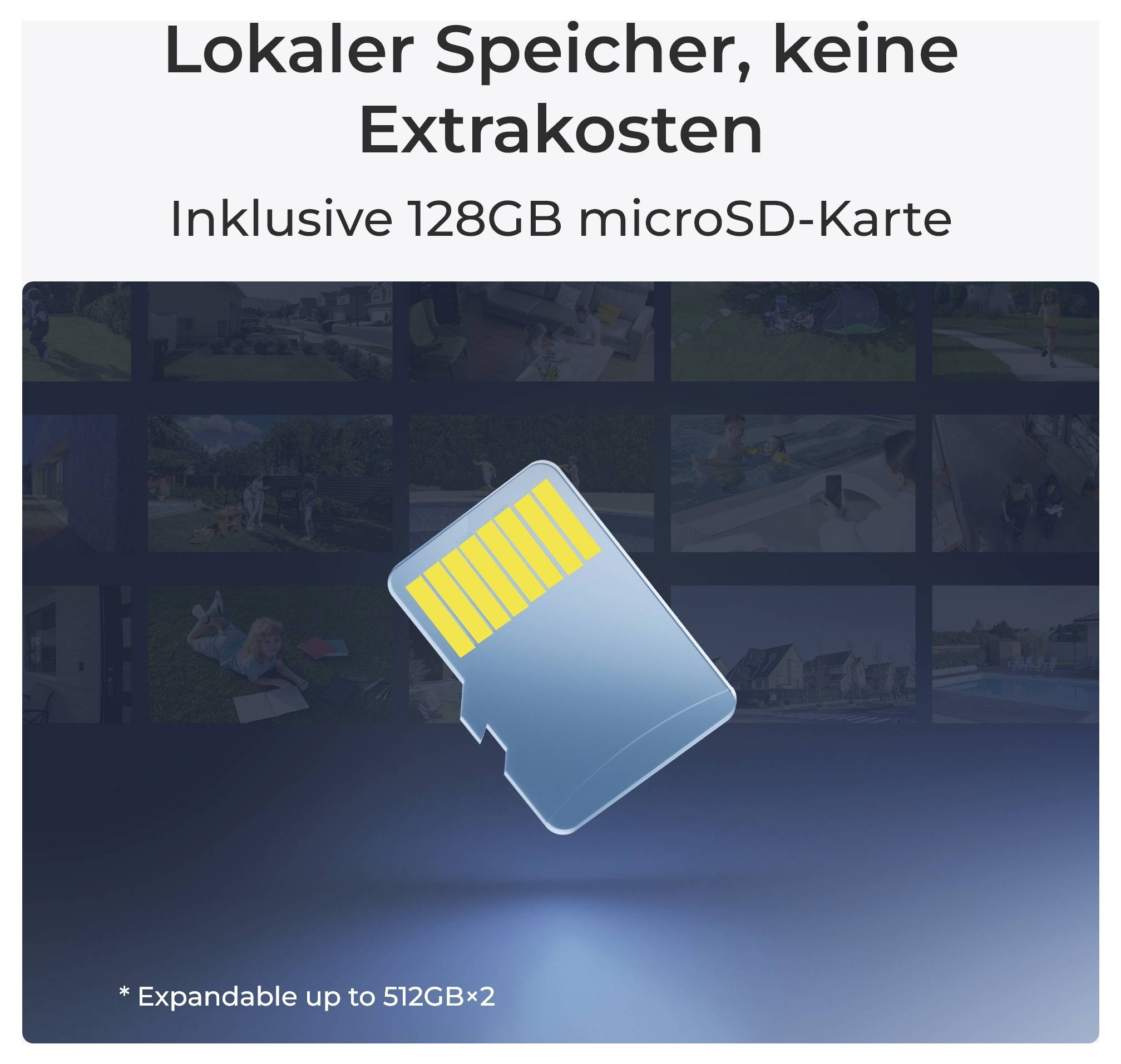 'Lokaler Speicher, keine Extrakosten. Inklusive 128GB microSD-Karte. * Expandable up to 512GB*2.' Image of a microSD card.