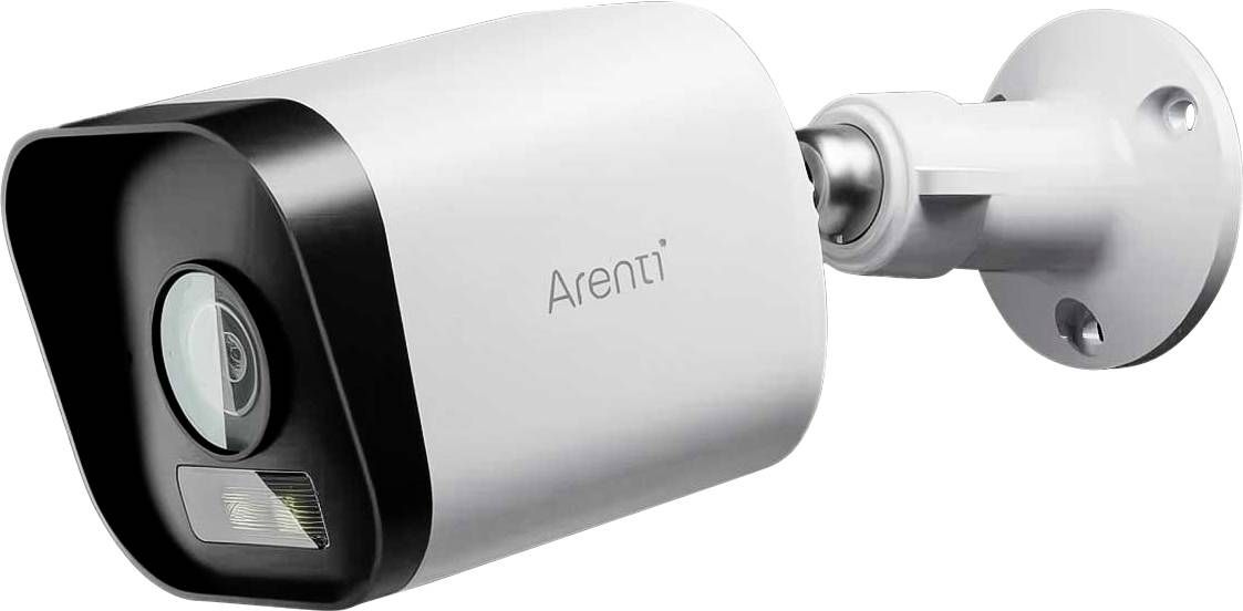 A wall-mounted surveillance camera with a white casing and the inscription 'Arenti'.