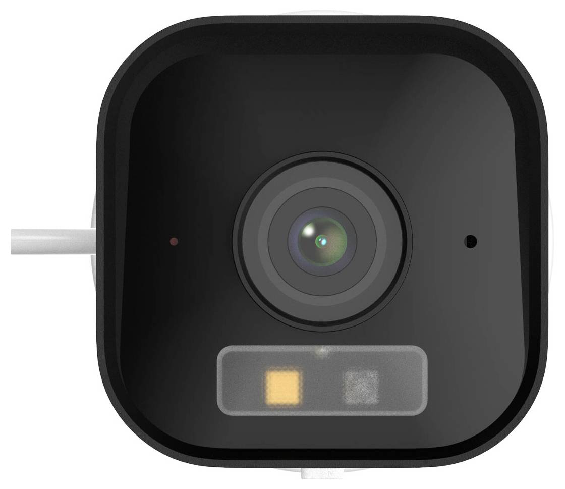 Black, square surveillance camera with central lens and LED support. Shown is the front view of the camera.