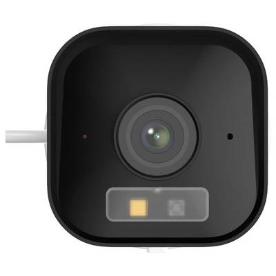 Black, square surveillance camera with central lens and LED support. Shown is the front view of the camera.