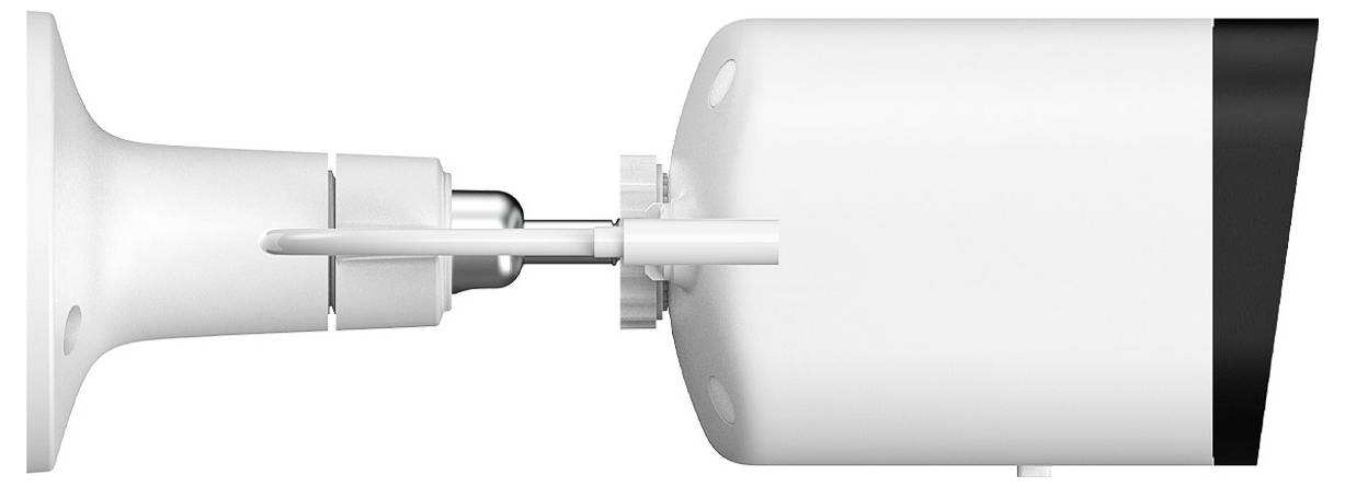 White security camera shown from the side. It has a cylindrical shape with a wide lens on the right side.