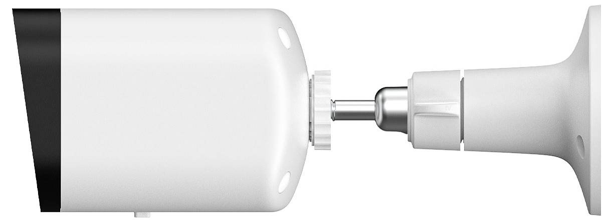 A white surveillance camera with a black stripe on the front is mounted sideways.