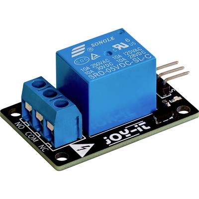 Blue relay circuit board with three connection pins and terminal block, useful for controlling electrical devices in electronic projects.