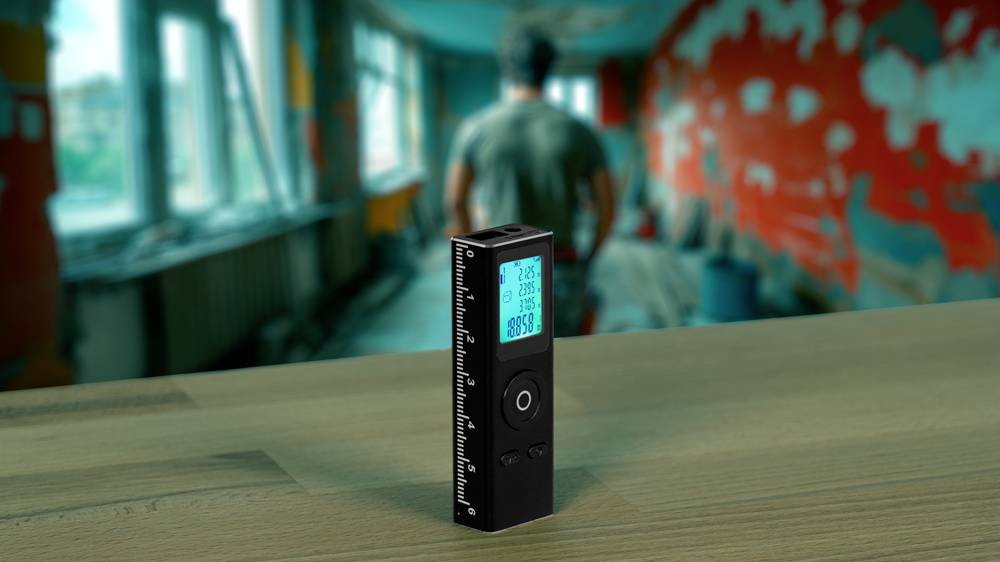 A digital laser distance meter displaying '26.6' with a blurred person and colorful room in the background.