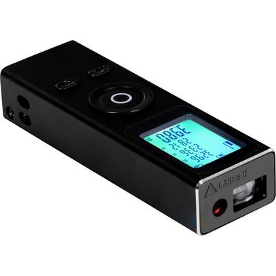 Digital laser distance metre with digital display. Shows measurements in metres. Black, rectangular device with silver trim.