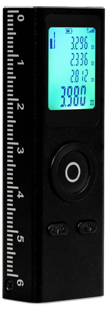 A digital laser distance meter with an LCD screen displaying a measurement of '3.986'. A ruler scale is on the side for reference.